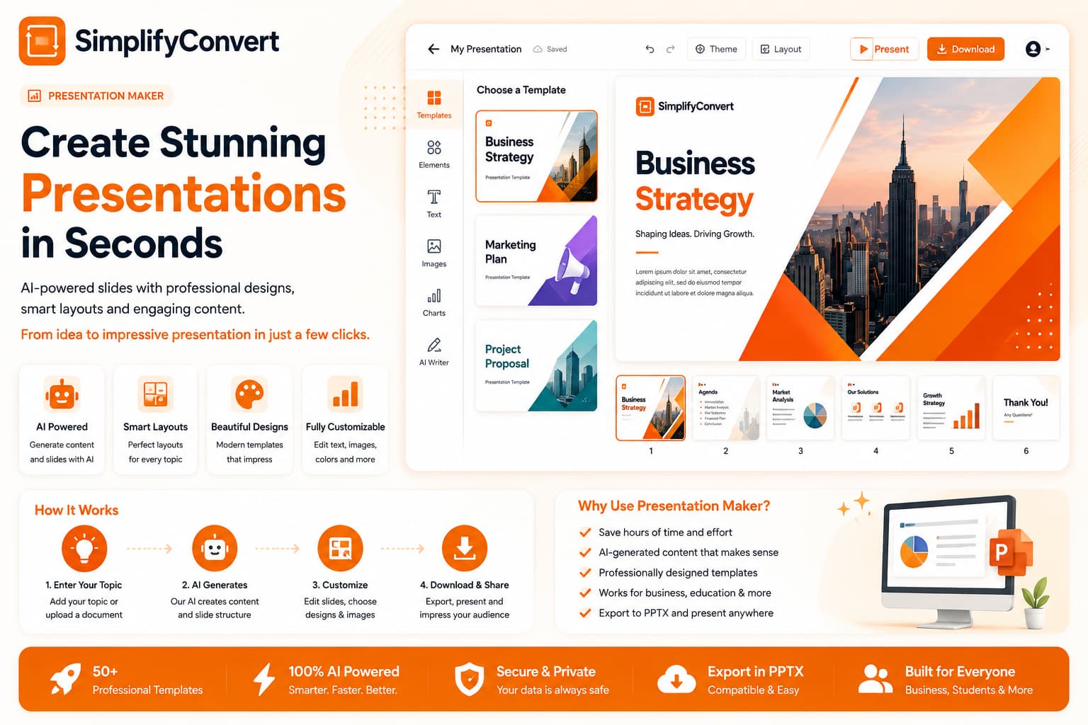 SimplifyConvert AI Presentation Maker for creating presentation drafts from a prompt
