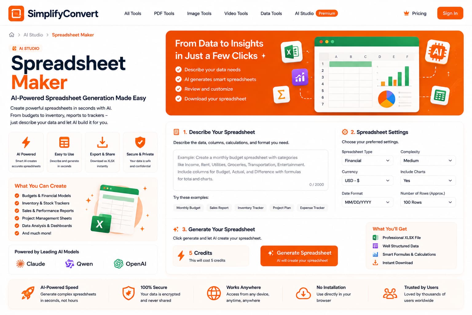 SimplifyConvert AI Spreadsheet Maker for creating structured spreadsheet drafts