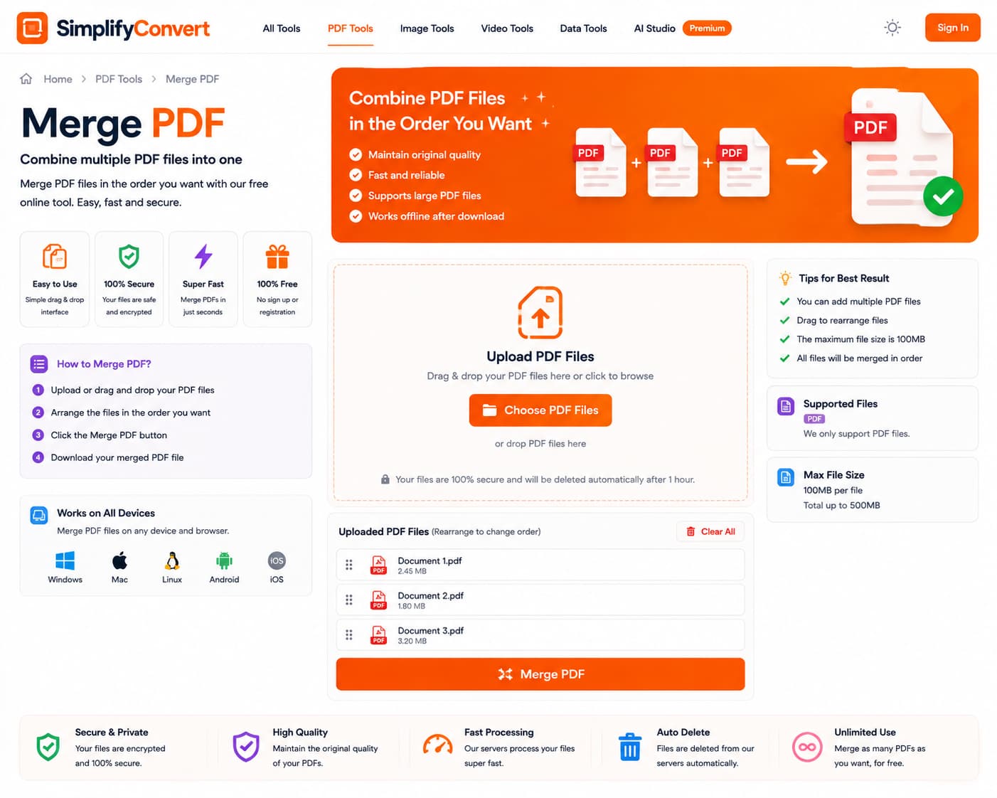 SimplifyConvert Merge PDF tool for combining multiple PDF documents