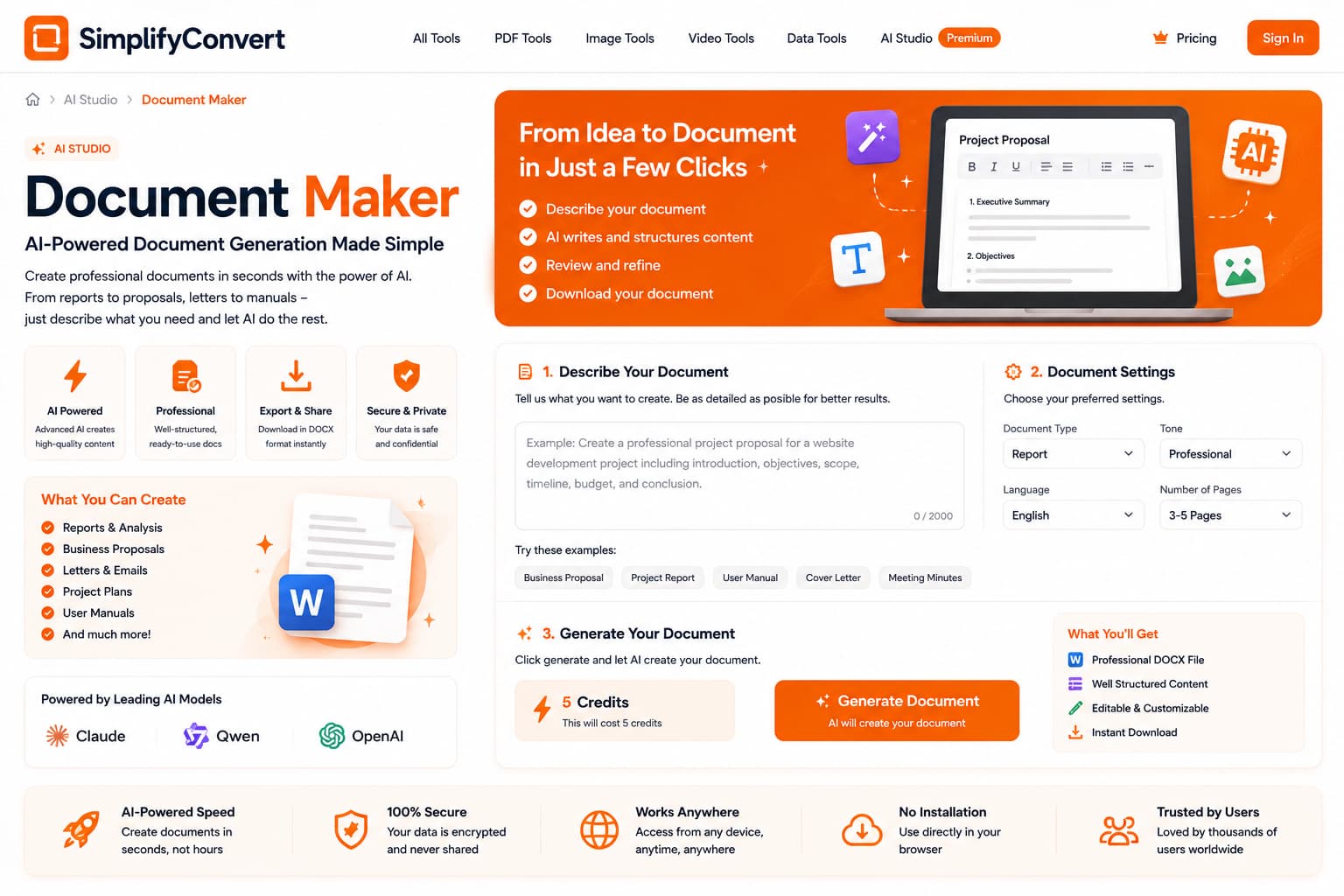 SimplifyConvert AI Document Maker for reports, proposals and structured drafts