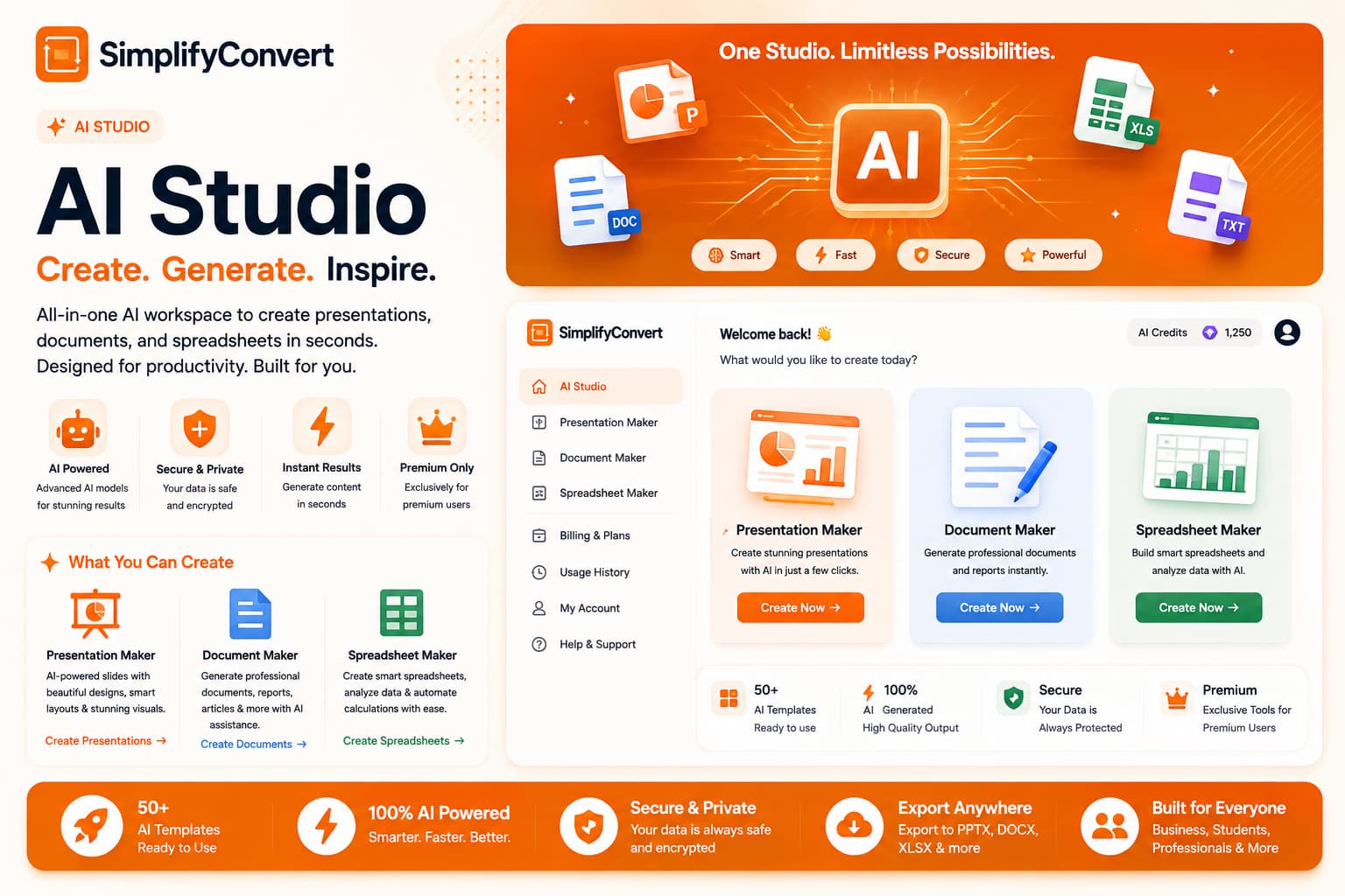 SimplifyConvert AI Studio for presentations, documents and spreadsheets