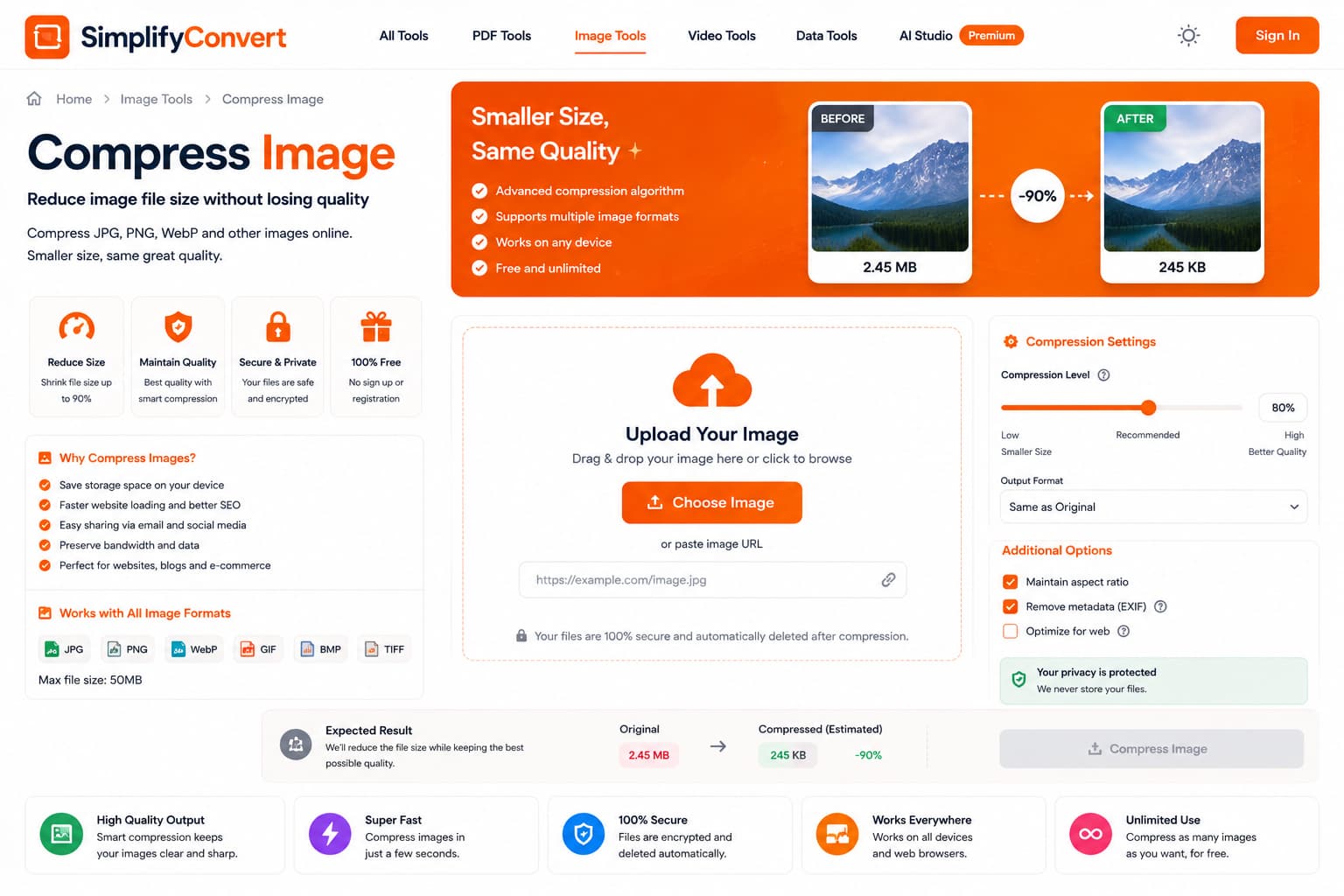 SimplifyConvert online image compression tool for reducing image file size